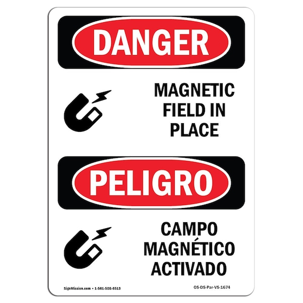 Safety Sign, OSHA Danger, 24" Height, Aluminum, Magnetic Field In Place Bilingual Spanish